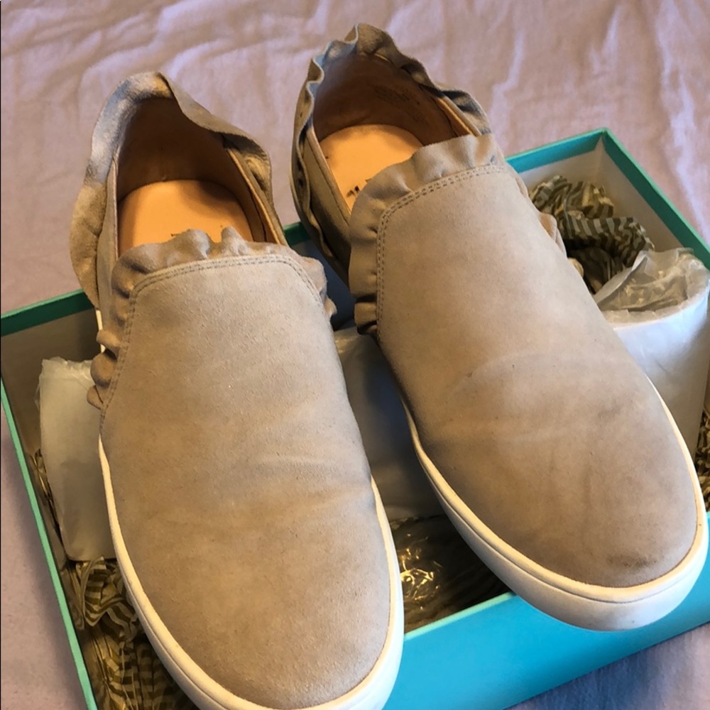Kate Spade gray suede slip on with ruffle.